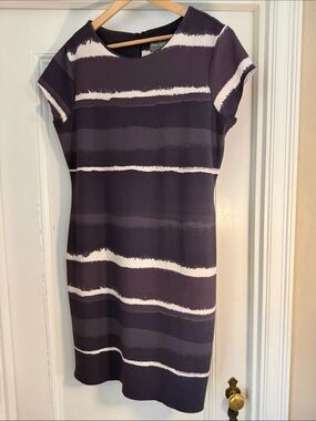 Phase Eight Striped Short-Sleeve Midi Dress in Charcoal, Purple and White